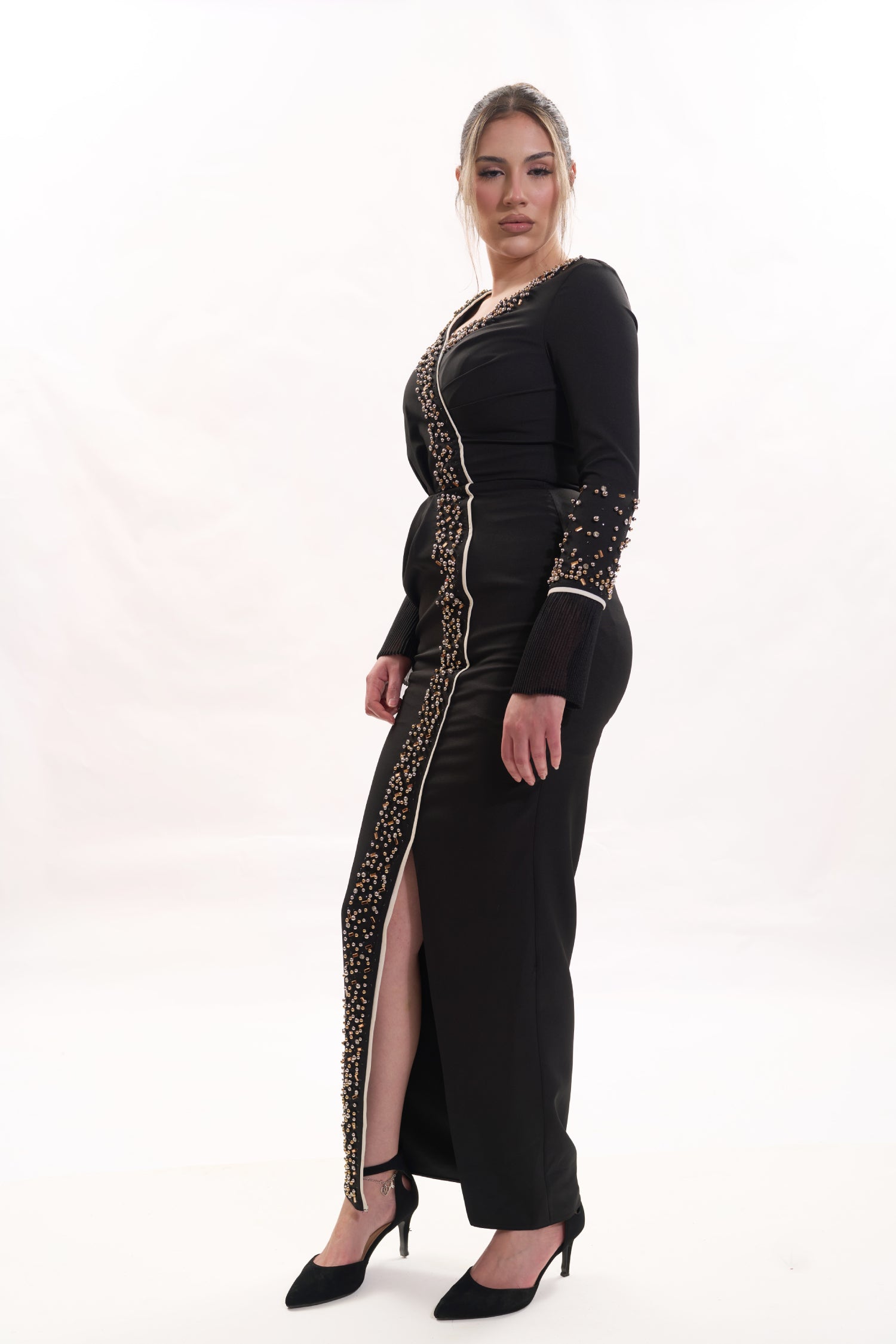 ALLURE BEADED LONG SLEEVE SLIT DRESS